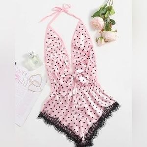 Baby pink with black polka dot silky satin teddy bodysuit romper nwot 💕💕